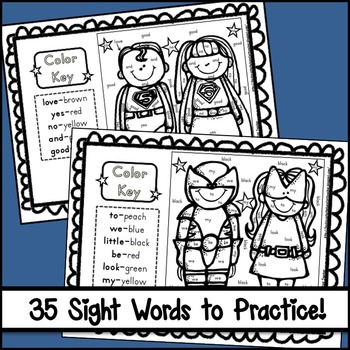 Back to School Superhero Color-by-Sight Words Activity Sheets (5 Total)