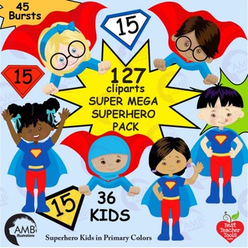 Preview of Superhero Kids Clipart, Multicultural Kids and Bursts, MEGA BUNDLE AMB-2308