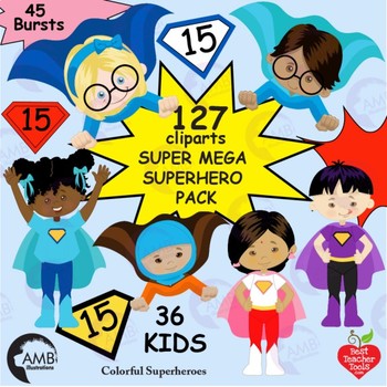 Preview of Superhero Kids Clipart, Multicultural Kids and Bursts, MEGA BUNDLE AMB-2309