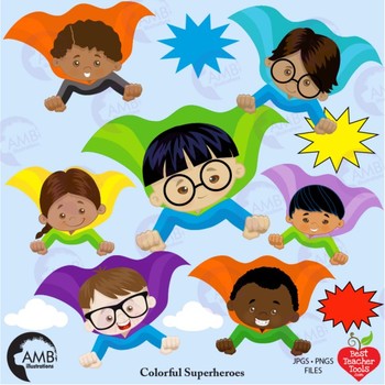 Superhero Kids Stamps Clipart, Multicultural Kids, MEGA BUNDLE AMB-2313