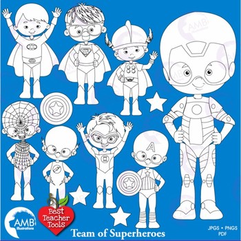 Preview of Superhero Kids Clipart Stamps, Outlines, AMB-2358