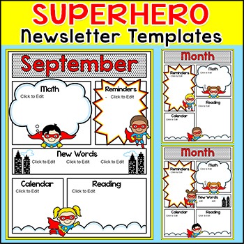 Preview of Superhero Theme Monthly Newsletter Template Editable for any Language