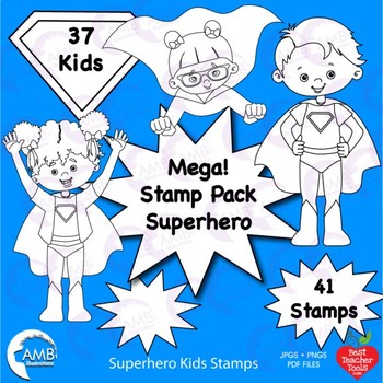Preview of Superhero Kids Stamps Clipart, Multicultural Kids, MEGA BUNDLE AMB-2313