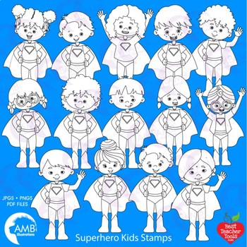 Superhero Kids Stamps Clipart, Multicultural Kids, MEGA BUNDLE AMB-2313