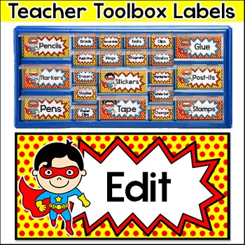 Preview of Superhero Theme Teacher Toolbox Labels - Editable Classroom Decor