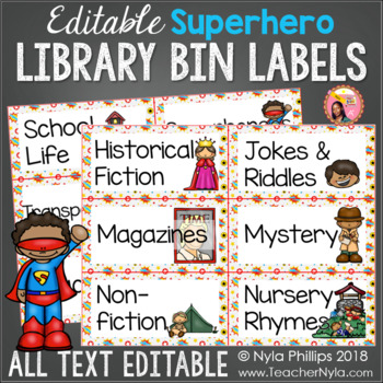Preview of Superhero Library Labels for Book Bins - Editable