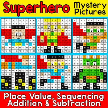 Preview of Superhero Hundreds Chart Math Mystery Pictures - Color by Number Activity