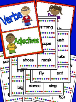 Superhero Nouns, Verbs, Adjectives Center with Posters and Word Work
