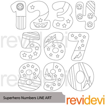 Preview of Superhero Numbers Line art - clip art blackline