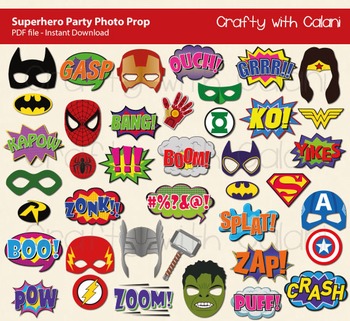 Preview of Superhero Party Photo Booth Props Printable - 40 Ready To Print Images