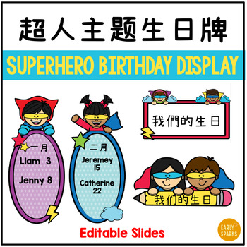 Preview of Superhero Theme Birthday Display Editable Slides in Chinese 超人主题 我们的生日展示 可编辑