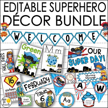 Preview of Superhero Theme Classroom Decor/ Editable Superhero Classroom Theme Decor Bundle