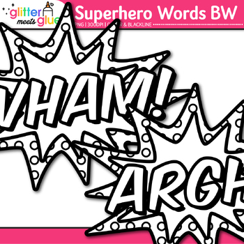 black and white superhero words clipart
