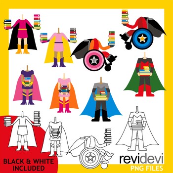 Preview of Superhero day, body with books clipart. Standing and in wheelchair