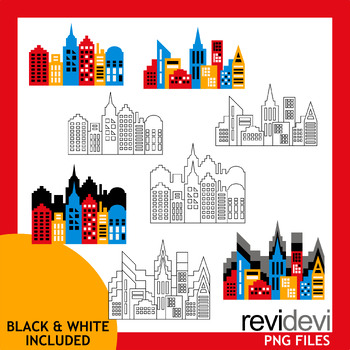 Preview of Superhero city background clipart. Modern skyline in bright primary colors