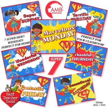 Superhero Clipart, Days of the Week Posters, Classroom Decor, AMB-824