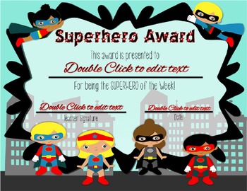 Superhero of the Week Certificate **EDITABLE by Suzie Cook | TpT