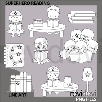 Preview of Superhero reading clipart in black and white design