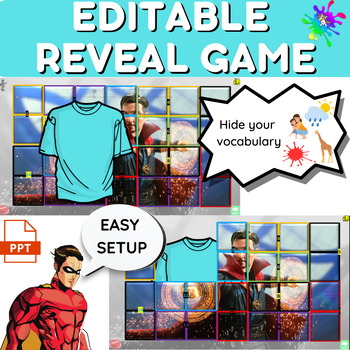 Preview of Superhero Editable reveal template game for learning Vocabulary- ESL Activity,