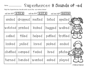 Preview of Superheroes: 3 Sounds of -ed Worksheet (Suffix - Inflectional Ending Practice)