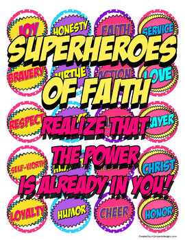 Preview of Superheroes of Faith cupcake toppers Printable DIY Pink Set of 20 Round Tags