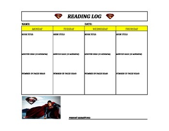 Preview of Superman Reading Log