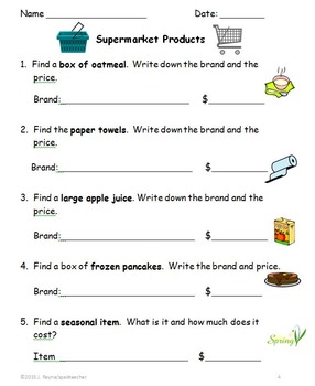 supermarket community outing printable activities for secondary life skills