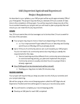 Preview of Supervised Agricultural Experience (SAE) Project Requirements