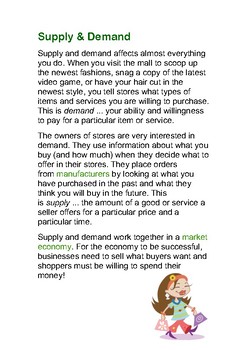 Preview of Comprehensive Reading: Supply & Demand with questions