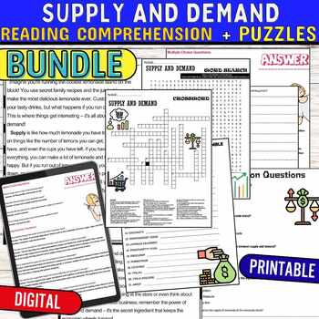 Preview of Supply and Demand Reading Comprehension Passage Puzzles,Digital & Print BUNDLE
