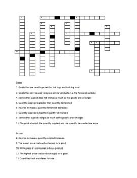 Supply and Demand Vocab Crossword Puzzle by Miley Social Studies