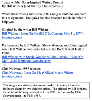 Preview of Supporting Others - "Lean on Me" - Bill Withers - Song Inspired Writing Prompt
