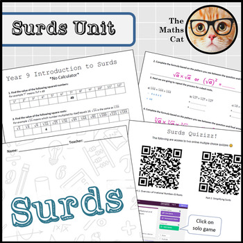 Preview of Surds & Roots Unit Booklet with activities, video & quiz links and answers