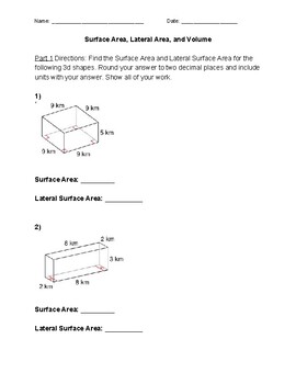 Preview of Surface Area, Lateral Area, and Volume Worksheets