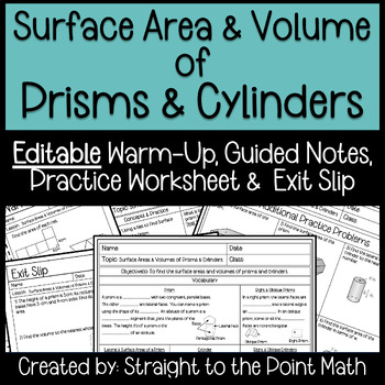 Preview of Surface Area & Volumes of Prisms & Cylinders Geometry Guided Notes with Homework