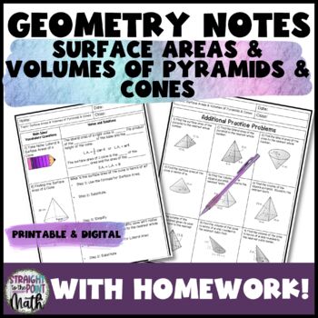 Preview of Surface Area & Volumes of Pyramids & Cones Geometry Guided Notes with Homework