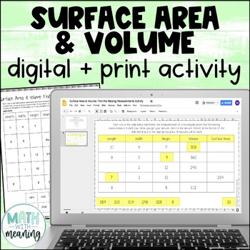 Preview of Surface Area and Volume Missing Measurements Digital and Print Activity