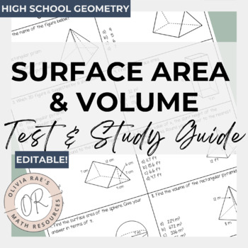 Preview of Surface Area and Volume Test & Study Guide (Editable!)