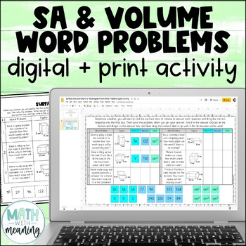 Preview of Surface Area and Volume Word Problems Rectangular Prisms Digital Activity