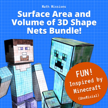 Preview of Surface Area and Volume of 3D Shape Nets Math Project BUNDLE | Minecraft