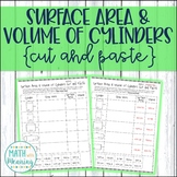 Surface Area and Volume of Cylinders Cut and Paste Worksheet