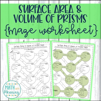 Preview of Surface Area and Volume of Prisms Maze Worksheet - CCSS 7.G.B.6 Aligned