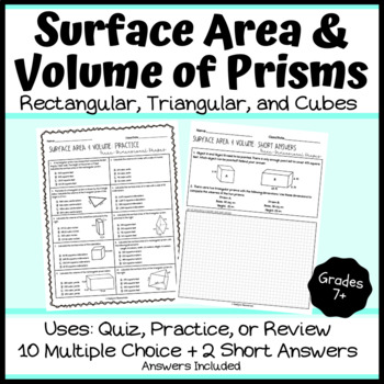 Preview of Surface Area and Volume Prisms: Paper/Easel Assessment- 10 MC, 2 Short Answers