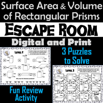 Preview of Surface Area and Volume of Rectangular Prisms Activity Escape Room Geometry Game