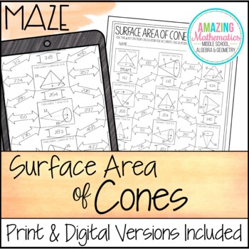 Preview of Surface Area of Cones Worksheet - Maze Activity