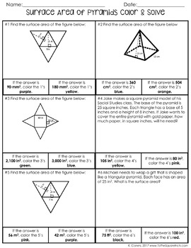 Surface Area of Pyramids Color and Solve | TpT