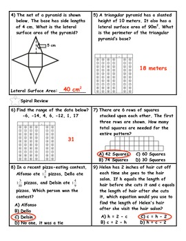 surface area of pyramids word problem practice plus spiral review