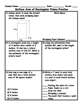 Preview of Surface Area of Rectangular Prisms Word Problem Practice Plus Spiral Review