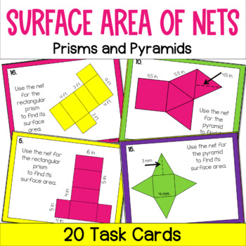 Preview of Surface Area of Prisms and Pyramids - Surface Area of Nets Task Cards Activity