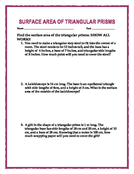 surface area of triangular prism worksheet with answers